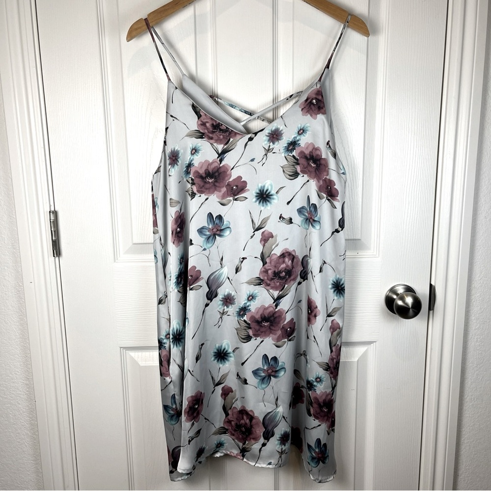 Peach Love California Floral Satin Slip Dress Criss Cross Back Mini Cami Size M